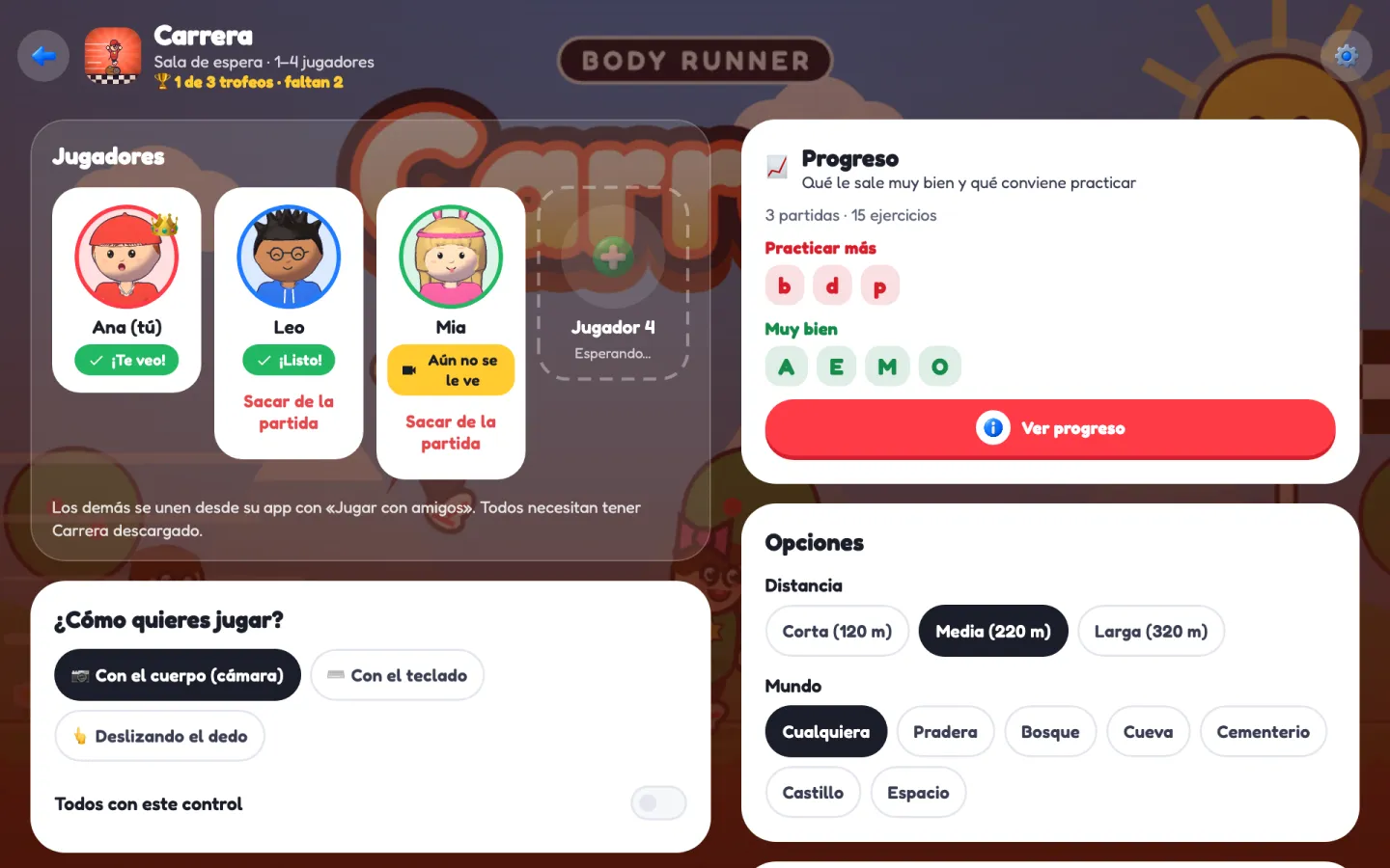Waiting room with players and options